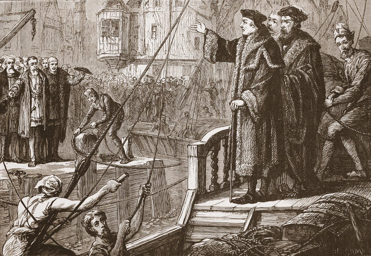 Erasmus avgång från Basel, illustration från The History of Protestantism av James Aitken Wylie (1808-1890), pub. 1878 av English School