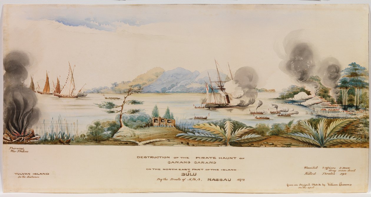 Förstörelsen av Pirate Haunt of Carang Carang på den nordöstra delen av ön Sulu av H.M.S. Nassau 1872 av English School