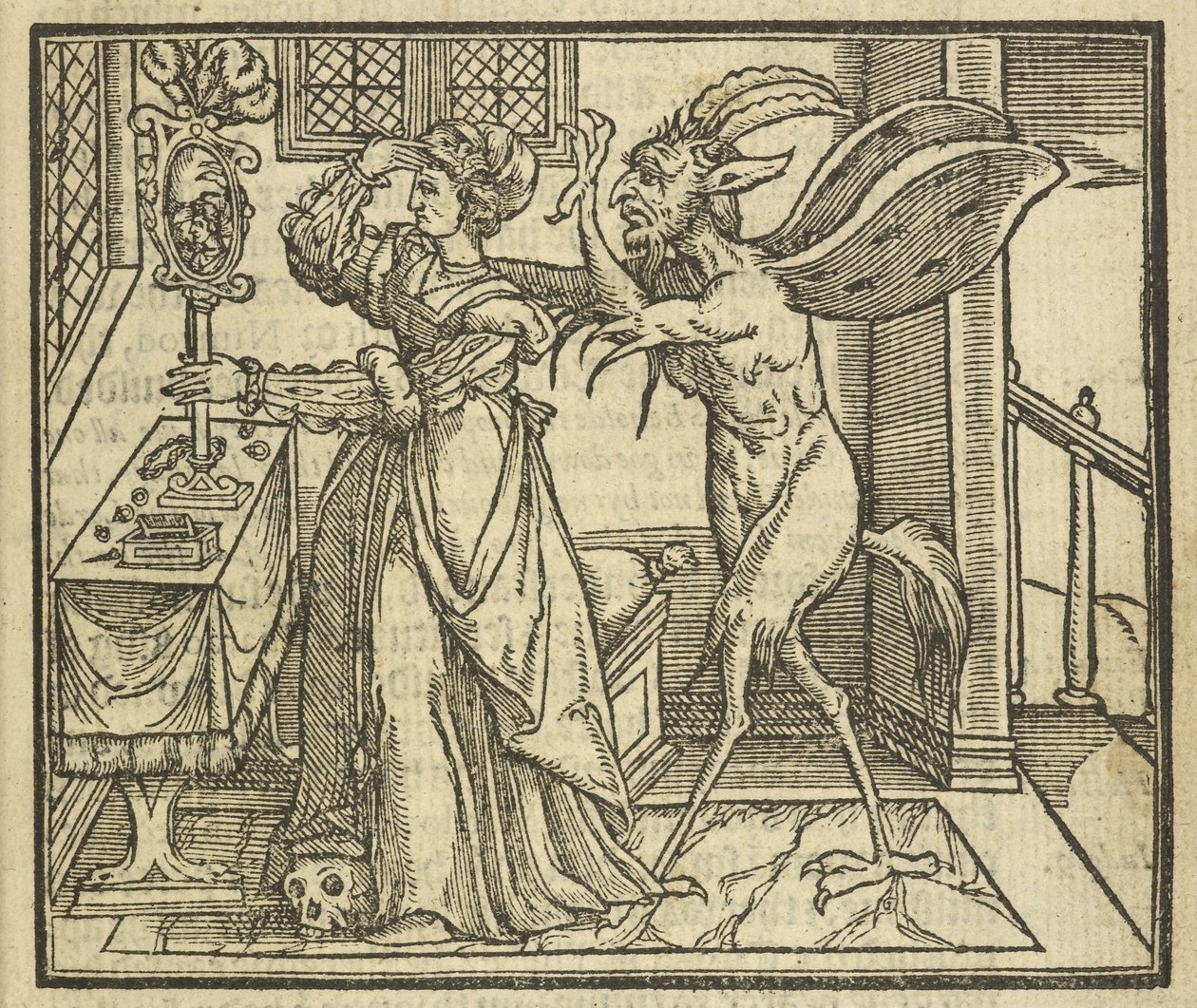 Djävulen frestar en kvinna till stolthet, från "A Crystal Glass of Christian Reformation" av Stephen Bateman av English School