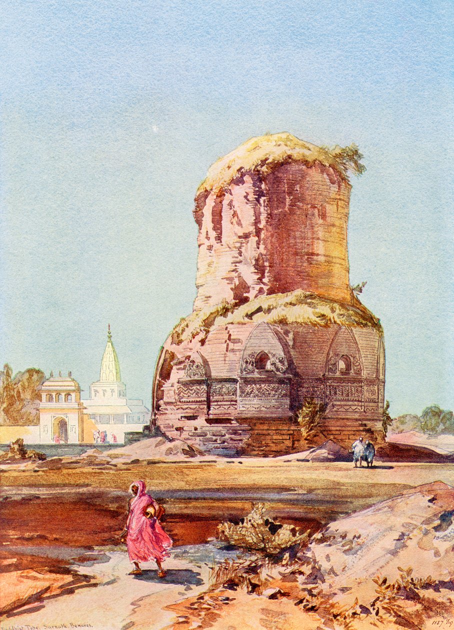Dhamek Stupa, Sarnath, Uttar Pradesh, från The Wonders of the World, utgiven ca 1920 (tryck) av English School