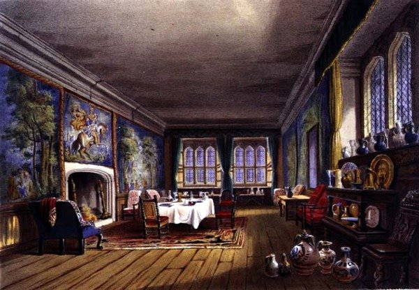 Matsalen, Cotehele-huset, ca 1830-40 (färglitografi) av English School