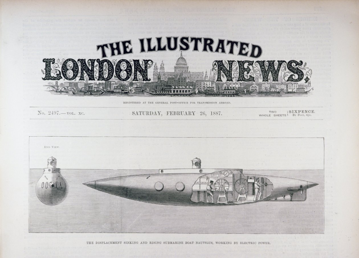 Den sjunkande och stigande ubåtsbåten Nautilus, Working by Electric Power, från The Illustrated London News, 26 februari 1887 av English School