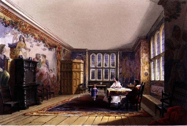 The Drawing Room, Cotehele house, c.1830-40 (färg litho) av English School
