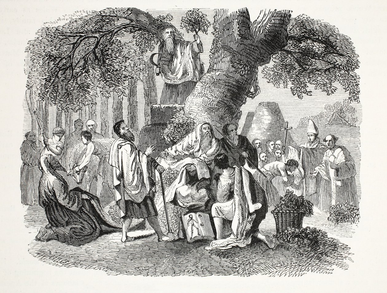 Druiderna, eller britternas omvandling till kristendomen av Bran och hans lärjungar, pub. 1800-talet (stålgravyr) av English School