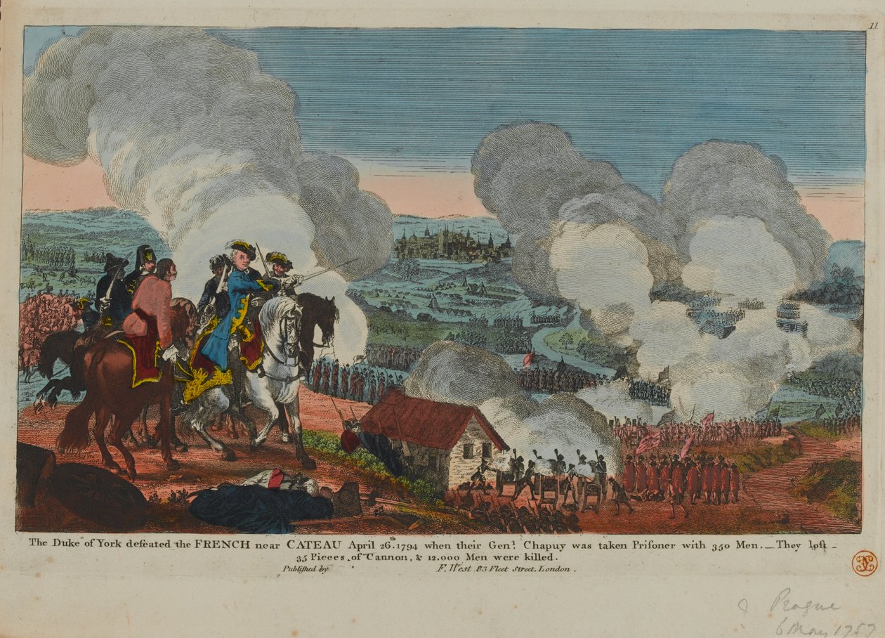 Hertigen av York (1763-1827) besegrade fransmännen nära Cateau, 26 april 1794, från en uppsättning sjuåriga krigsscener publicerade av F. West, 1834 av English School