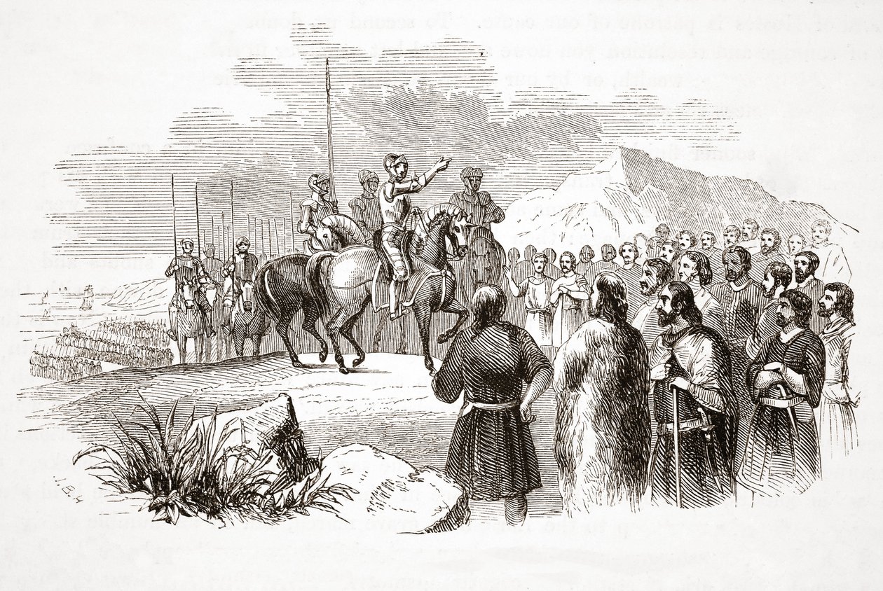 Earlen av Richmond tilltalar de walesiska hövdingarna i Milford Haven, pub. 1800-talet (stålgravyr) av English School