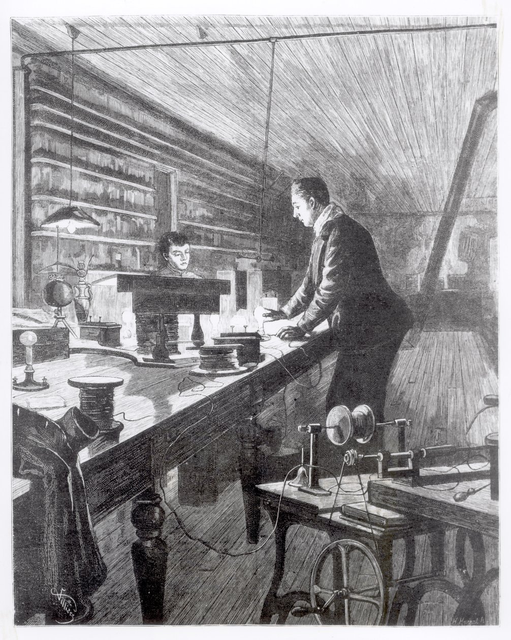 The Electric Light, Mr Edison (1847-1931) i hans laboratorium av English School