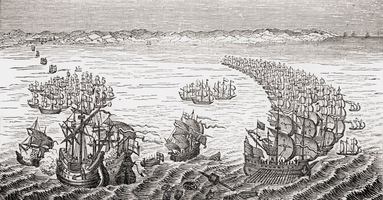 Den engelske flåde, kommanderet af Sir Francis Drake, angreb den spanske armada i 1588, fra 