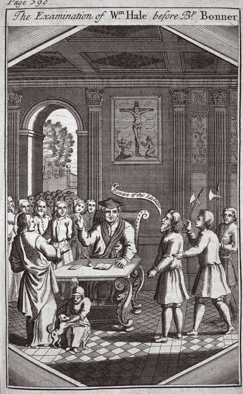 Undersökningen av Wm Hale före biskop Bonner, illustration från Foxes Martyrs c.1703 av English School