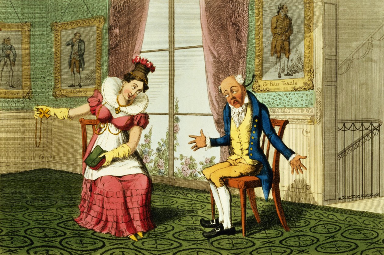 The Expostulation, pub. av G. Humphrey, 1821 (färgad etsning) av English School