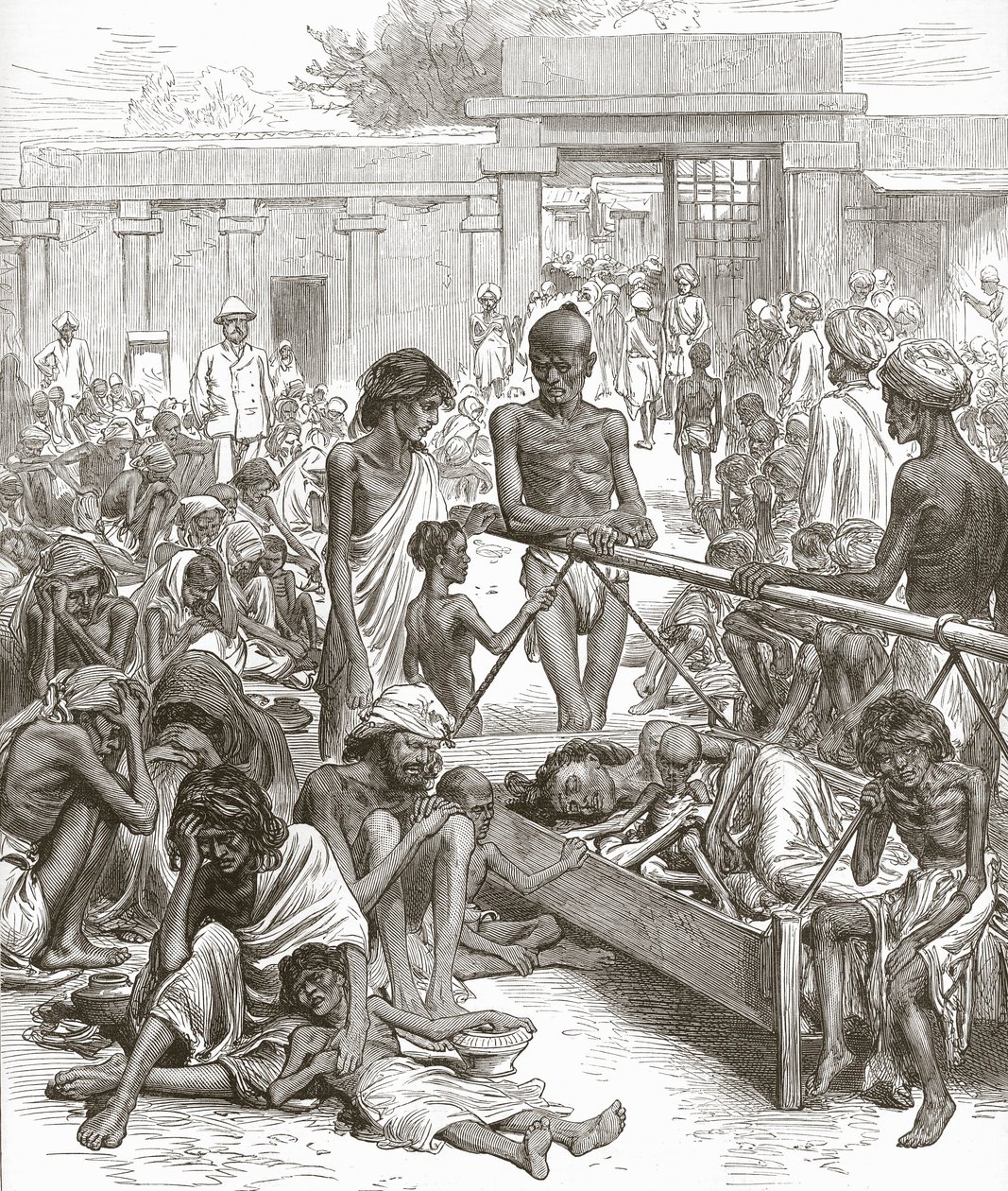 Hungersnöden i Indien: Infödda som väntar på hjälp i Bangalore, oktober 1877. av English School