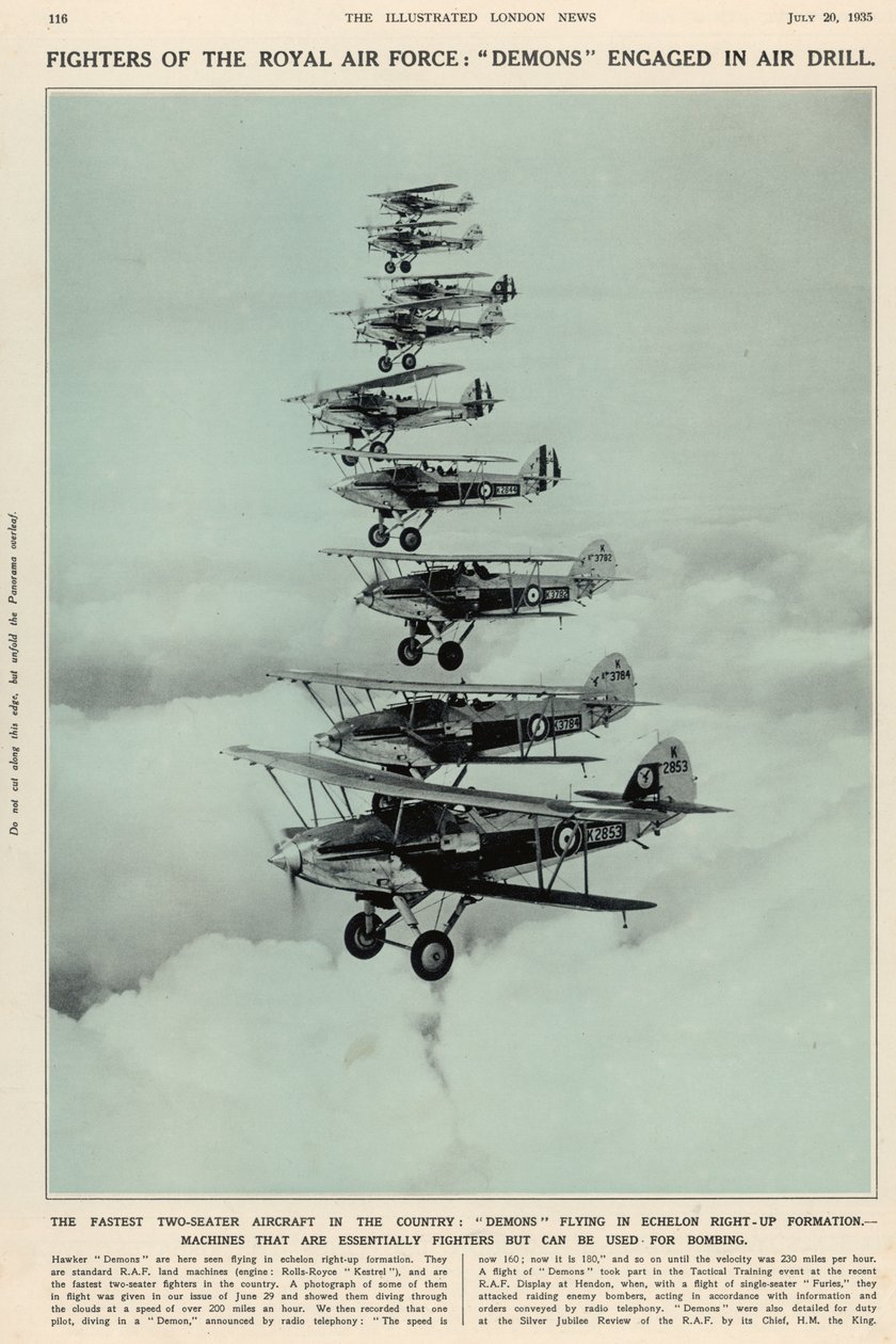 Det snabbaste tvåsitsiga flygplanet i landet: Demoner som flyger i formationen höger upp, från The Illustrated London News Royal Naval and Military Number, 20 juli 1935 av English School
