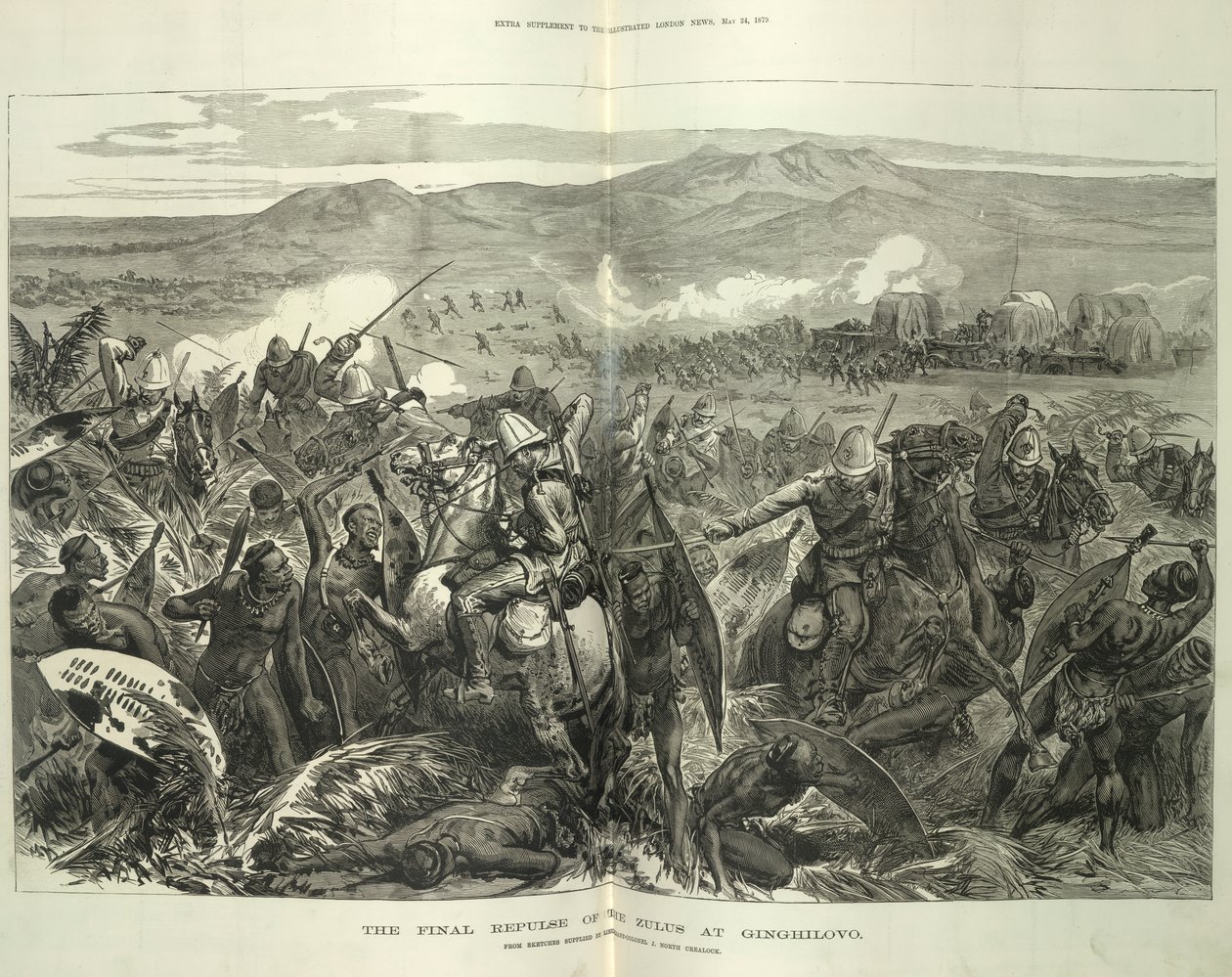 The Final Repulse of the Zulus at Ginghilovo, från skisser tillhandahållna av överstelöjtnant J. North Crealock. Illustration från 