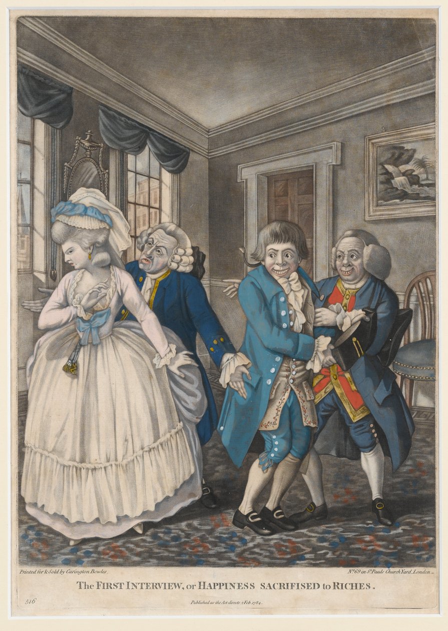 The First Interview, or Happiness Sacrificed to Riches, 1784 (handfärgad mezzotint) av English School