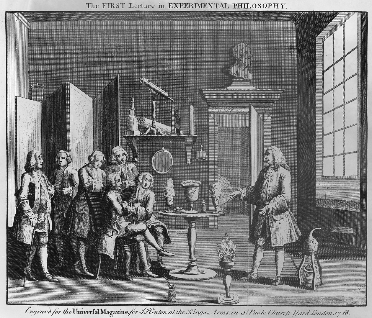 Den första föreläsningen i experimentell filosofi, graverad för Universal Magazine, 1748 av English School