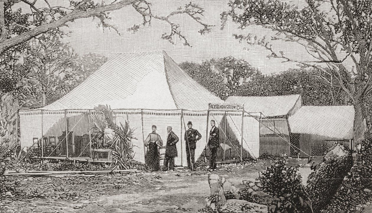 Den första presbyterianska kyrkan, Miami, Florida, USA i slutet av 1800-talet. Kyrkan, som grundades av pastor Henry Keigwin 1896, startade i en restaurang med grov bräda innan gudstjänsterna flyttade till ett tält. Från The Strand Magazine publi av English School