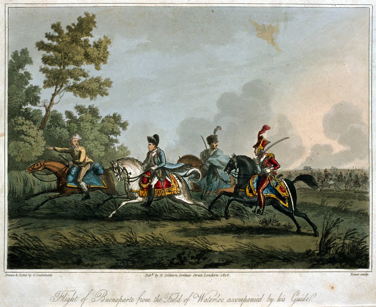 The Flight of Bonaparte (1769-1821) från fältet Waterloo 1815, 1817 (akvatint) av English School