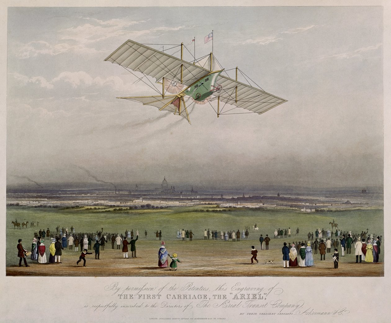 The Flying Machine, Ariel, från mönster framtagna av W.S. Henson 1842, utgiven av Ackermann & Co., 1843 av English School