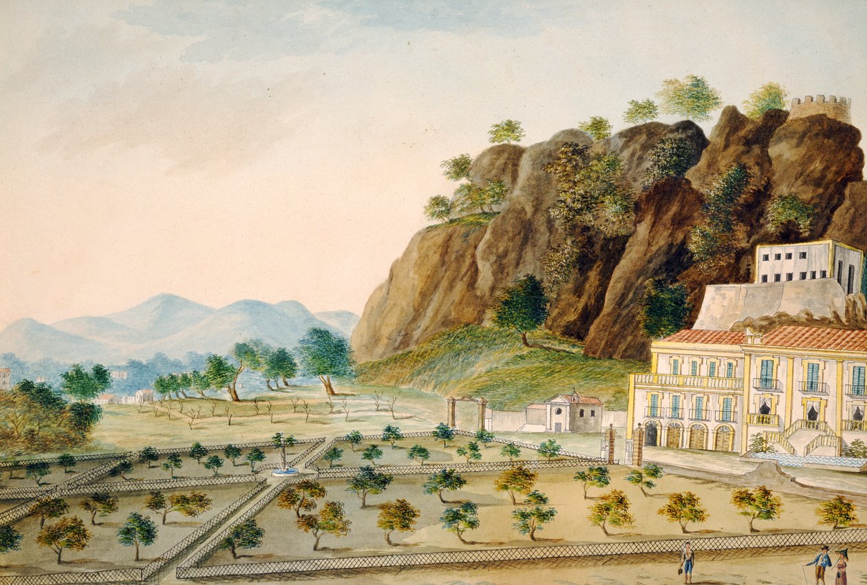 Den formella trädgården på La Favorita eller Palazzo Cinese, Palermo, designad för kung Fernando IV, c.1815 (wc på papper) av English School