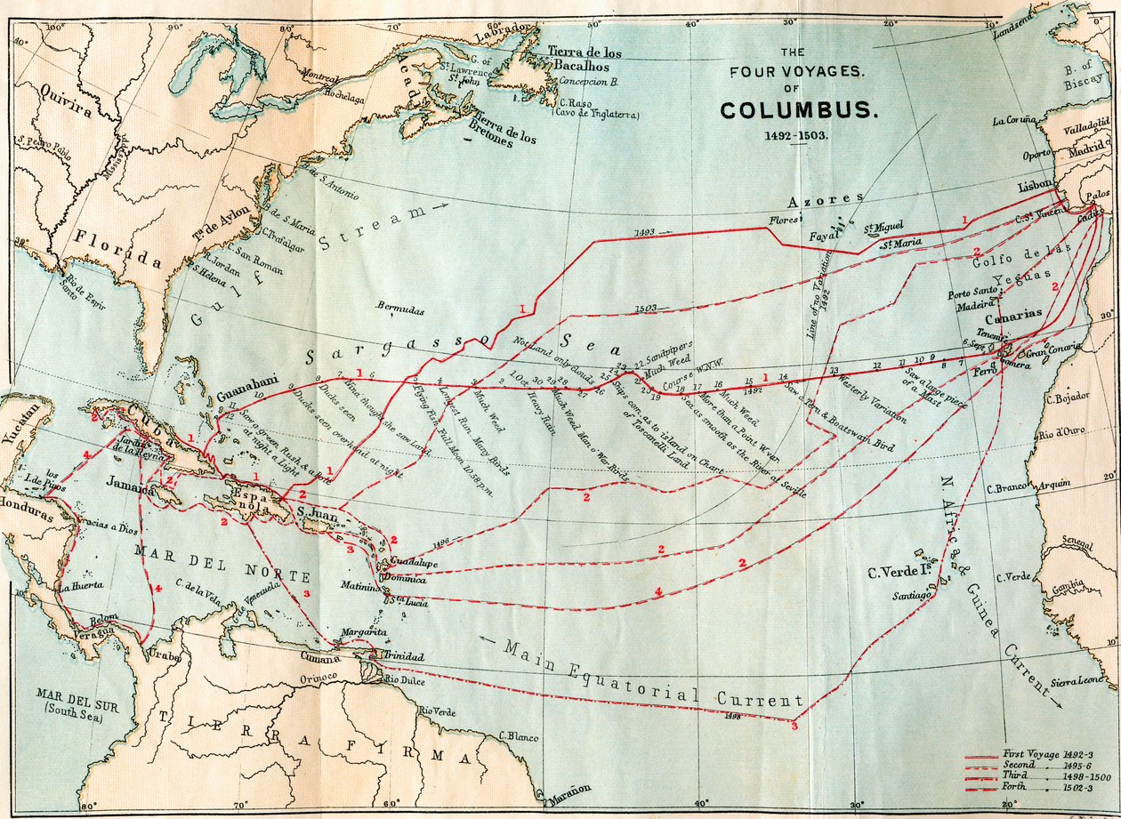 Christopher Columbus fyra resor, ur "Life of Christopher Columbus" av Clements R. Markham, publicerad 1892 (färglitografi) av English School