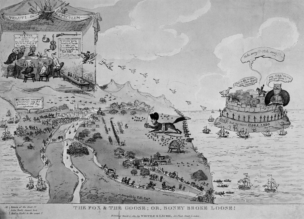 Räven och gåsen, karikatyr av Napoleon (1769-1861) på flykt från Elba, 1815 av English School