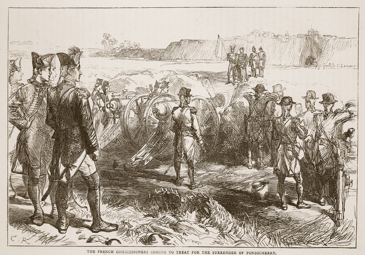 De franska kommissionärerna som kommer för att behandla för överlämnandet av Pondicherry, illustration från Cassells Illustrated History of India av James Grant, pub. 1879 av English School