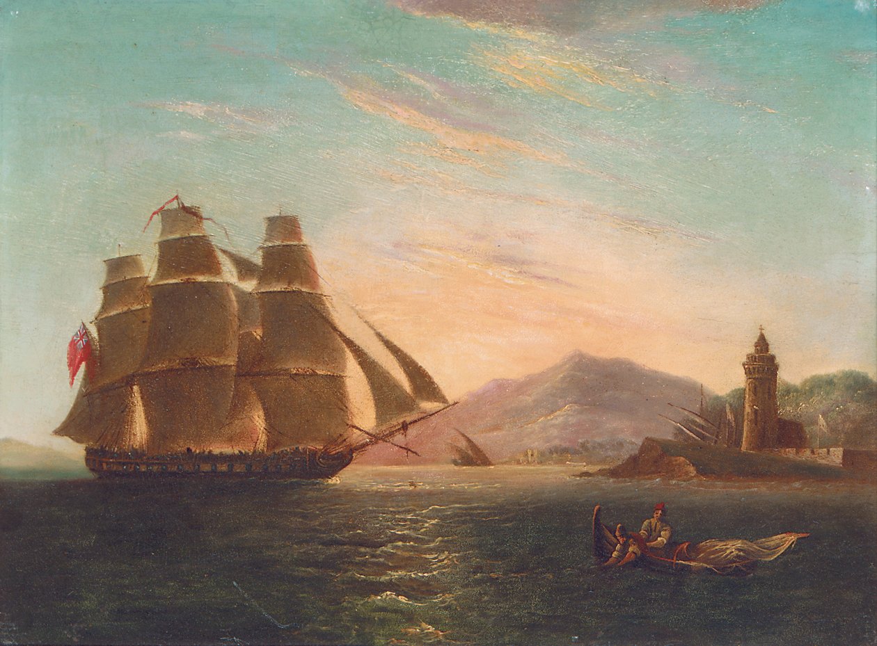 Fregatten HMS Pearl, 32 kanoner, går in i Faro, Messina av English School