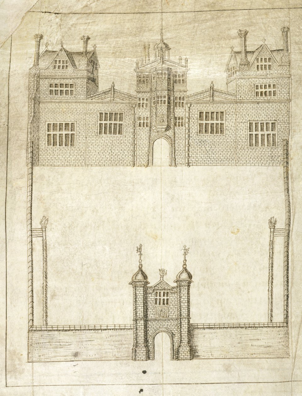 The Front of Wilton House, detalj från Survey of Lands for the 1st Earl of Pembroke, 1566 (penna och bläck på veläng) av English School