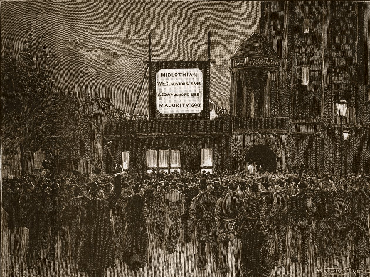 Det allmänna valet 1892: Tillkännage resultat vid National Liberal Club, illustration från Cassells Illustrated History of England (sepiafoto) av English School
