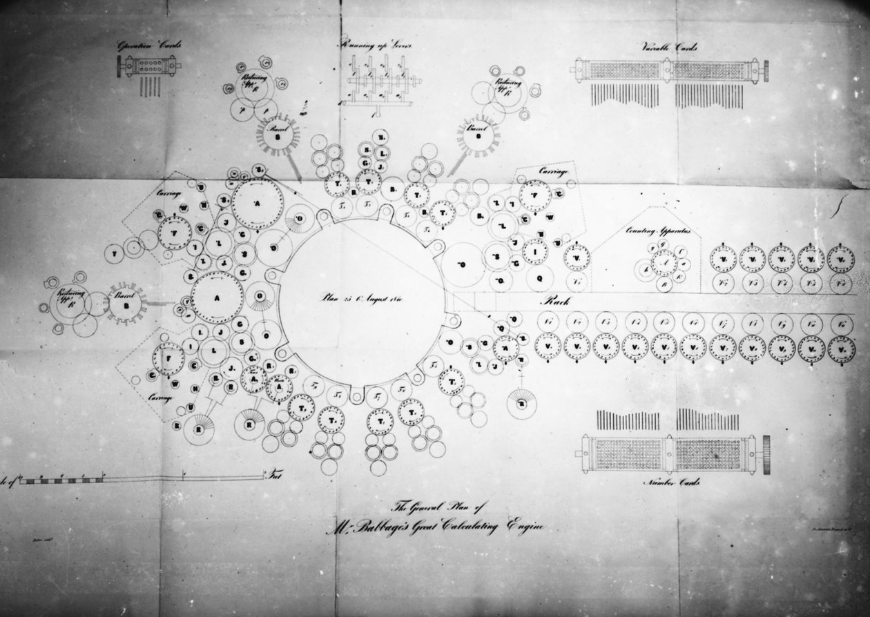 The General Plan of Mr Babbages Great Calculating Engine, graverad av Bolton, tryckt av Lemercier Bernard & Co av English School