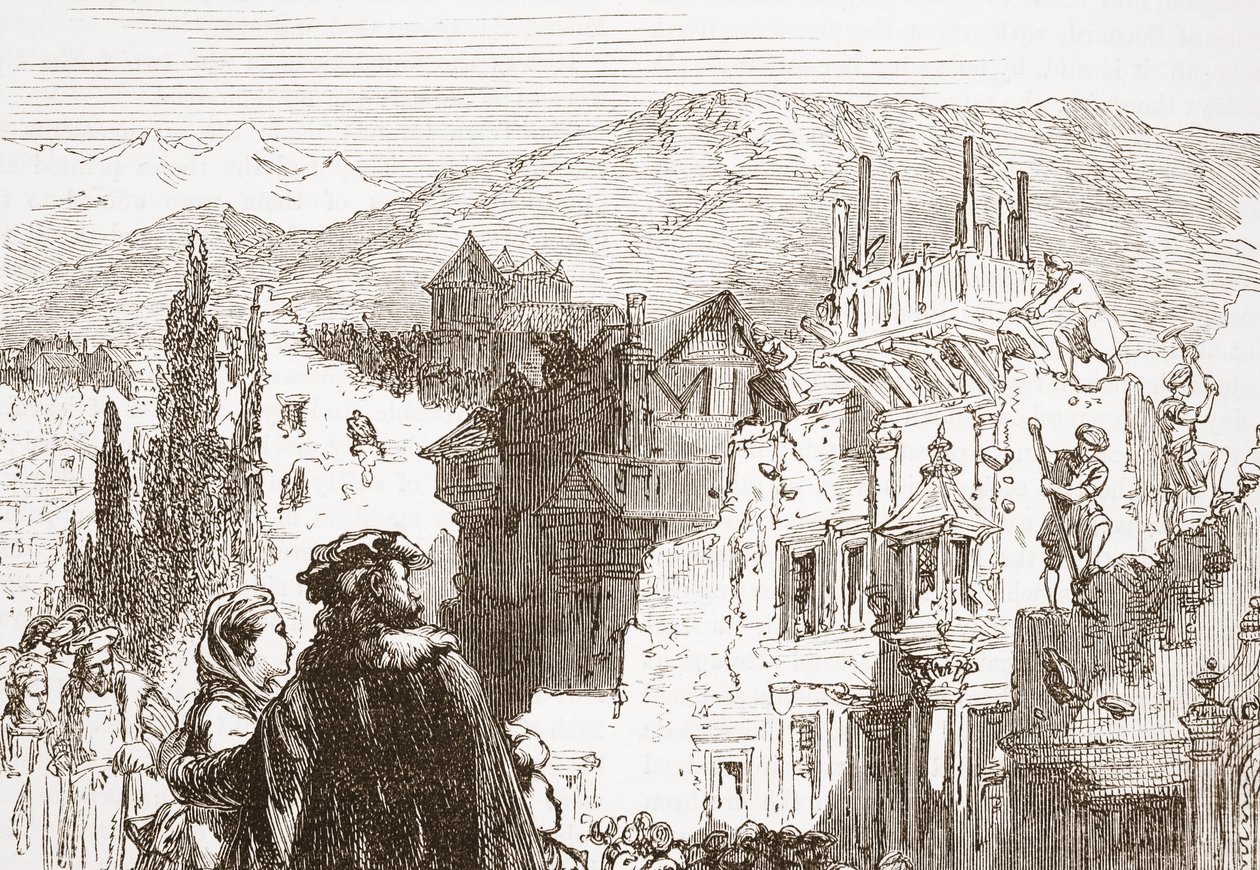 Genevanerna förstör förorterna till sin stad, illustration från The History of Protestantism av James Aitken Wylie (1808-1890), pub. 1878 av English School
