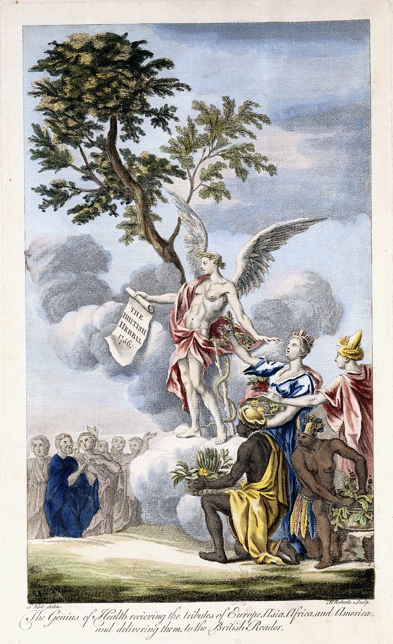 The Genius of Health tar emot Europa, Asien, Afrika och Amerika och levererar dem till British Reader, 1756-1757 av English School