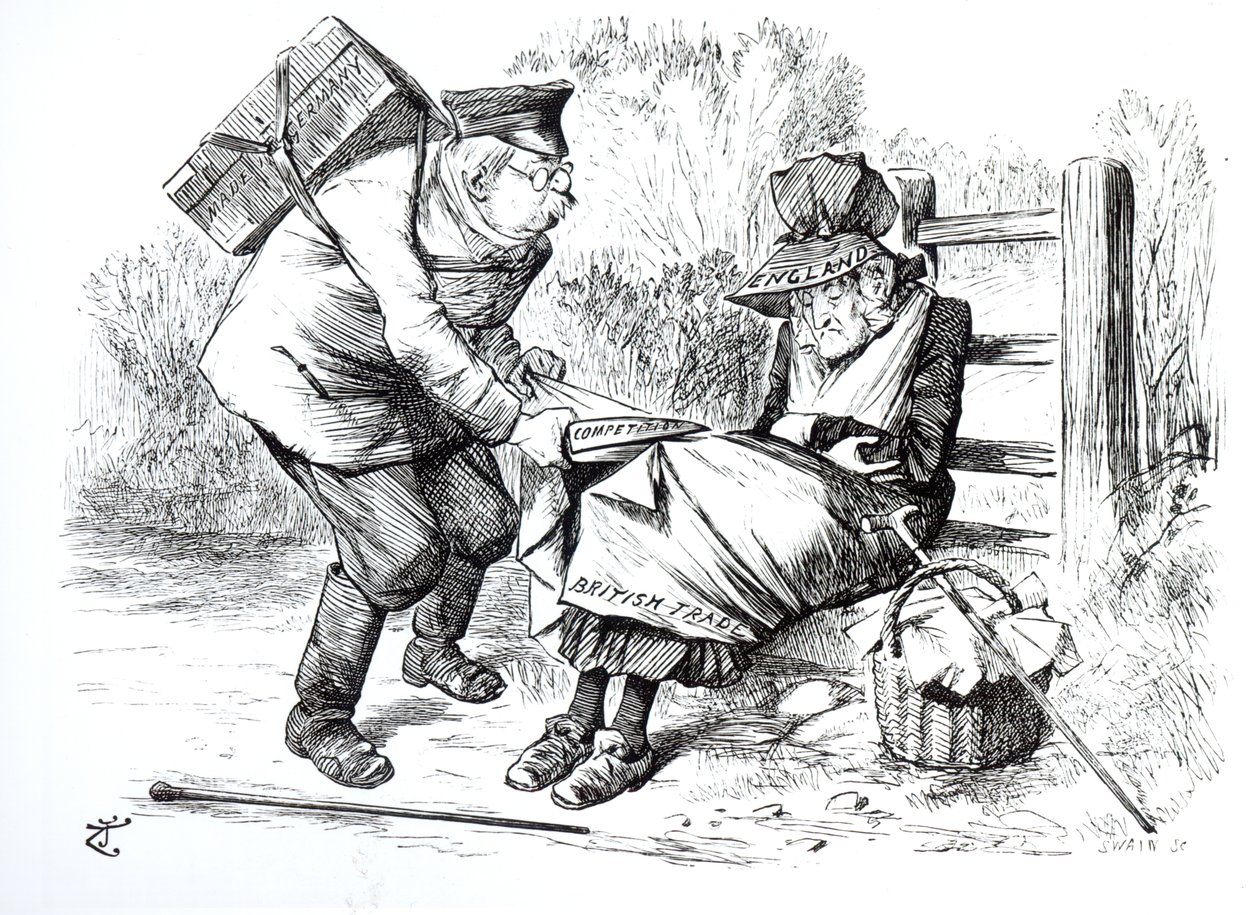 Den tyska kommersiella resenären stjäl marknadsandelar från den brittiska handeln, karikatyr från Punch, The London Charivari, 5 september 1896 av English School