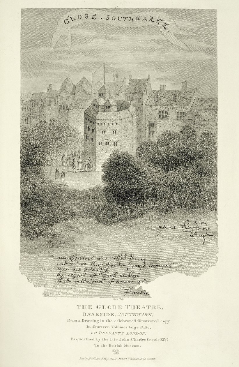 The Globe Theatre, Bankside, Southwark, efter en teckning från Pennants London, publicerad första gången 1793, graverad av James Stow (c.1770-s.1820), publicerad 1812 av English School