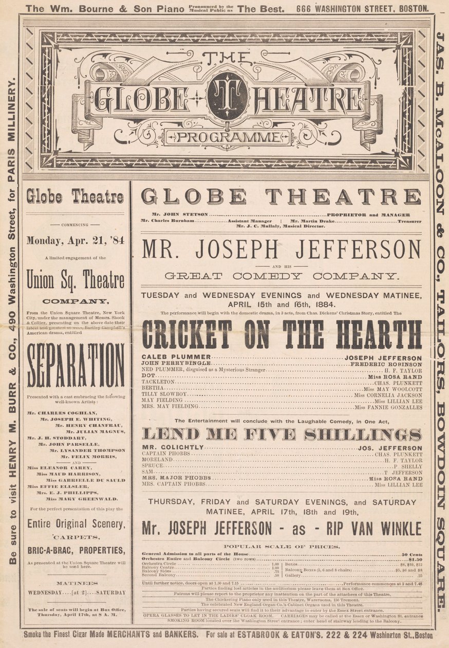 Globens teaterprogram, 21 april 1884 av English School