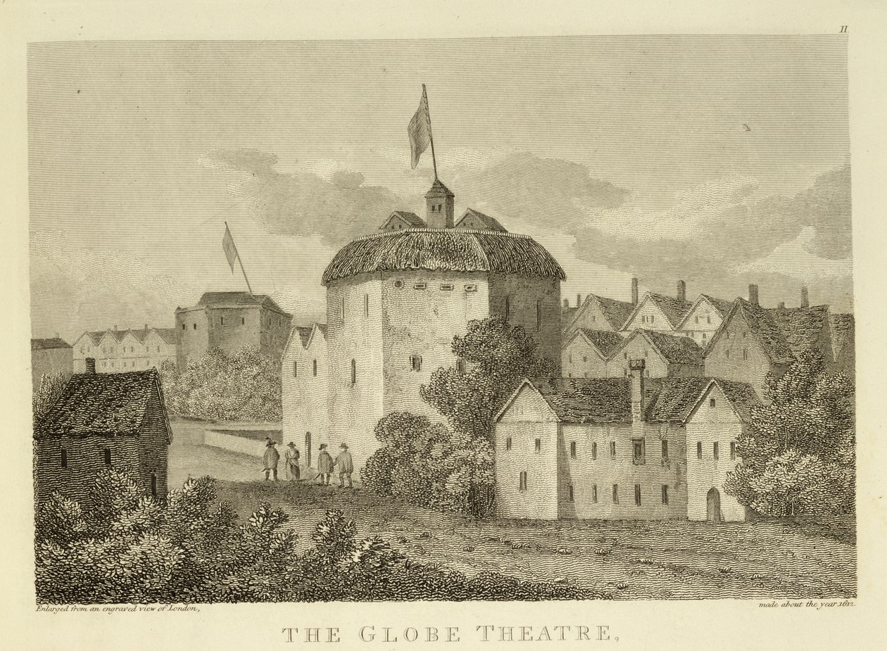 The Globe Theatre on the Bankside som den såg ut under James I:s regeringstid (1566-1625), efter en gravyr ca 1612, publicerad 1810 av English School