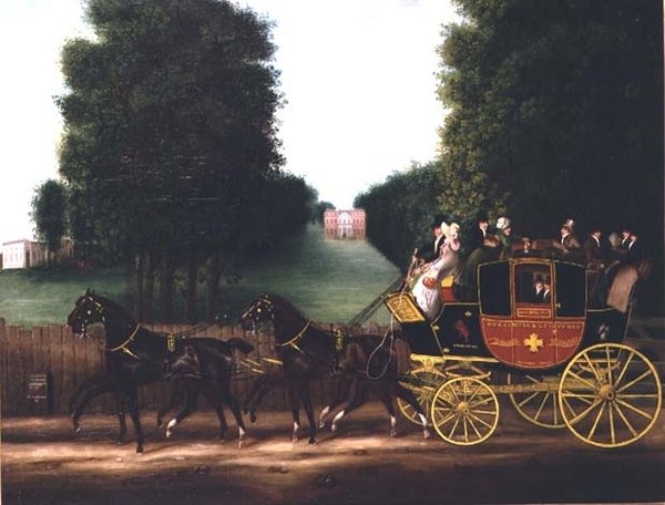 Diligensen Godalming och Guildford som ägs av John Kirby Jun och är inskriven "licensierad att bära sex inuti och 12 ut" av English School