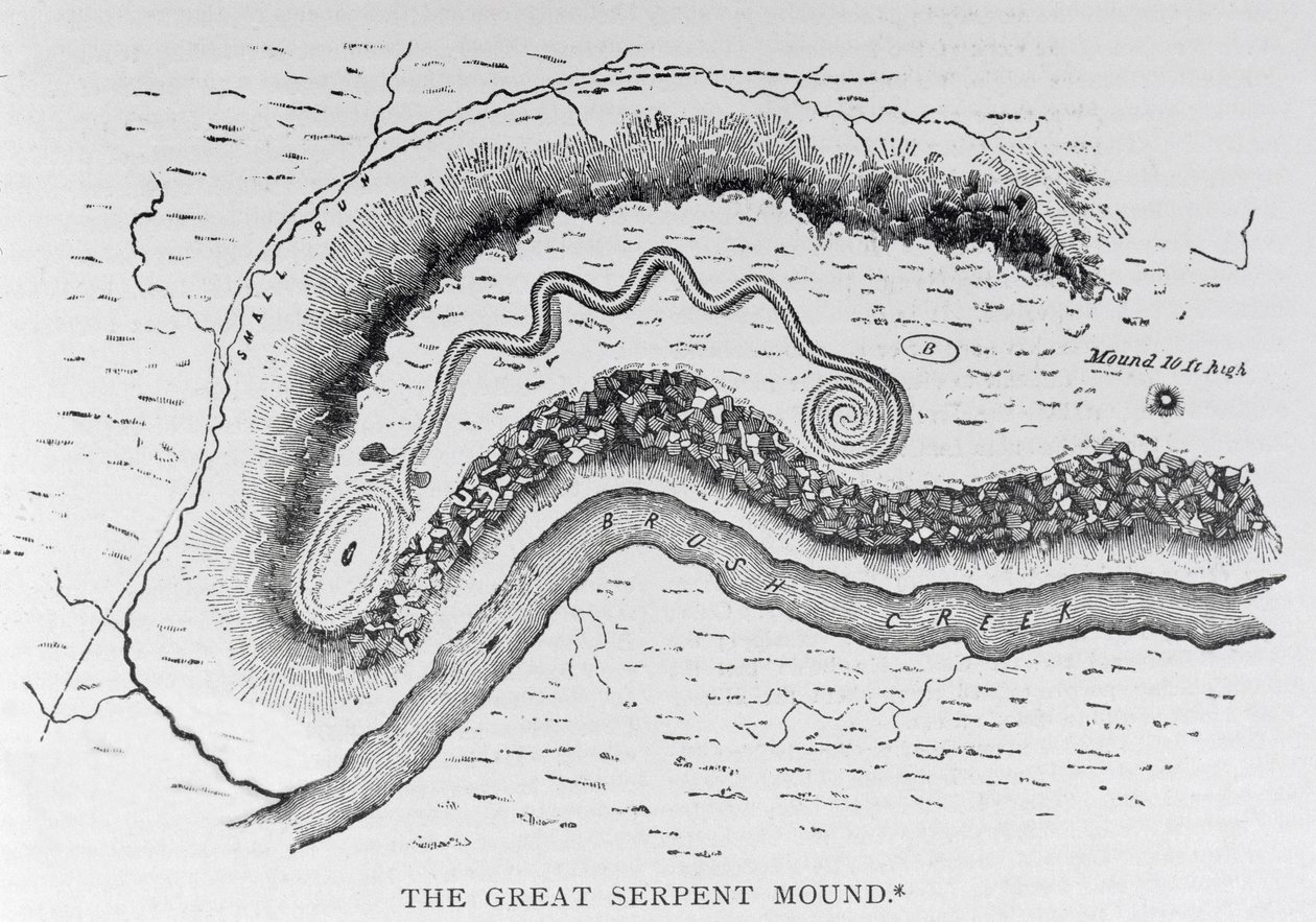 The Great Serpent Mound, nära Locust Grove, Ohio, 2:a århundradet f.Kr., från "Narrative and Critical History of America", pub. år 1889 av English School