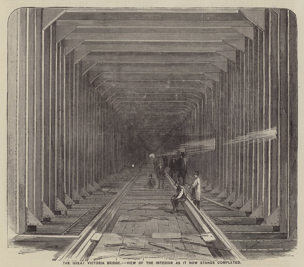The Great Victoria Bridge, vy över interiören som den nu står färdig (gravyr) av English School
