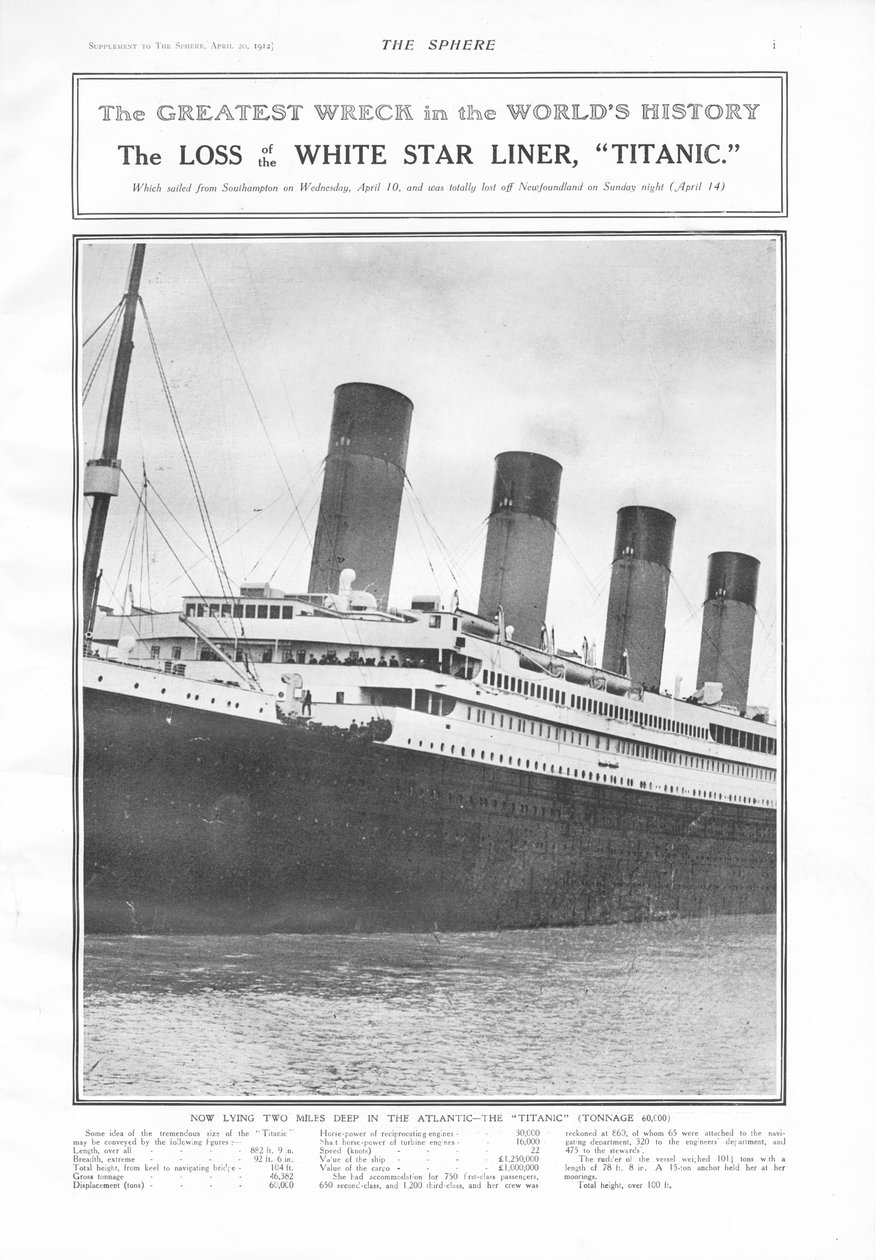 Det största vraket i världens historia - The Loss of the White Star Liner, Titanic, från The Sphere, 20 april 1912 av English School