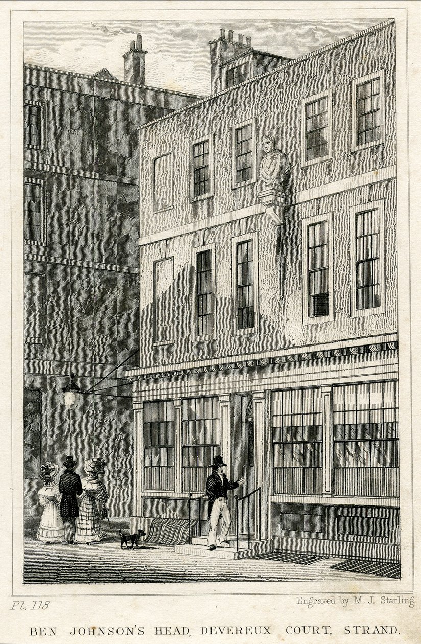 The Grecian Coffee House, Devereux Court, Strand, med en byst av Ben Johnson (gravyr) av English School