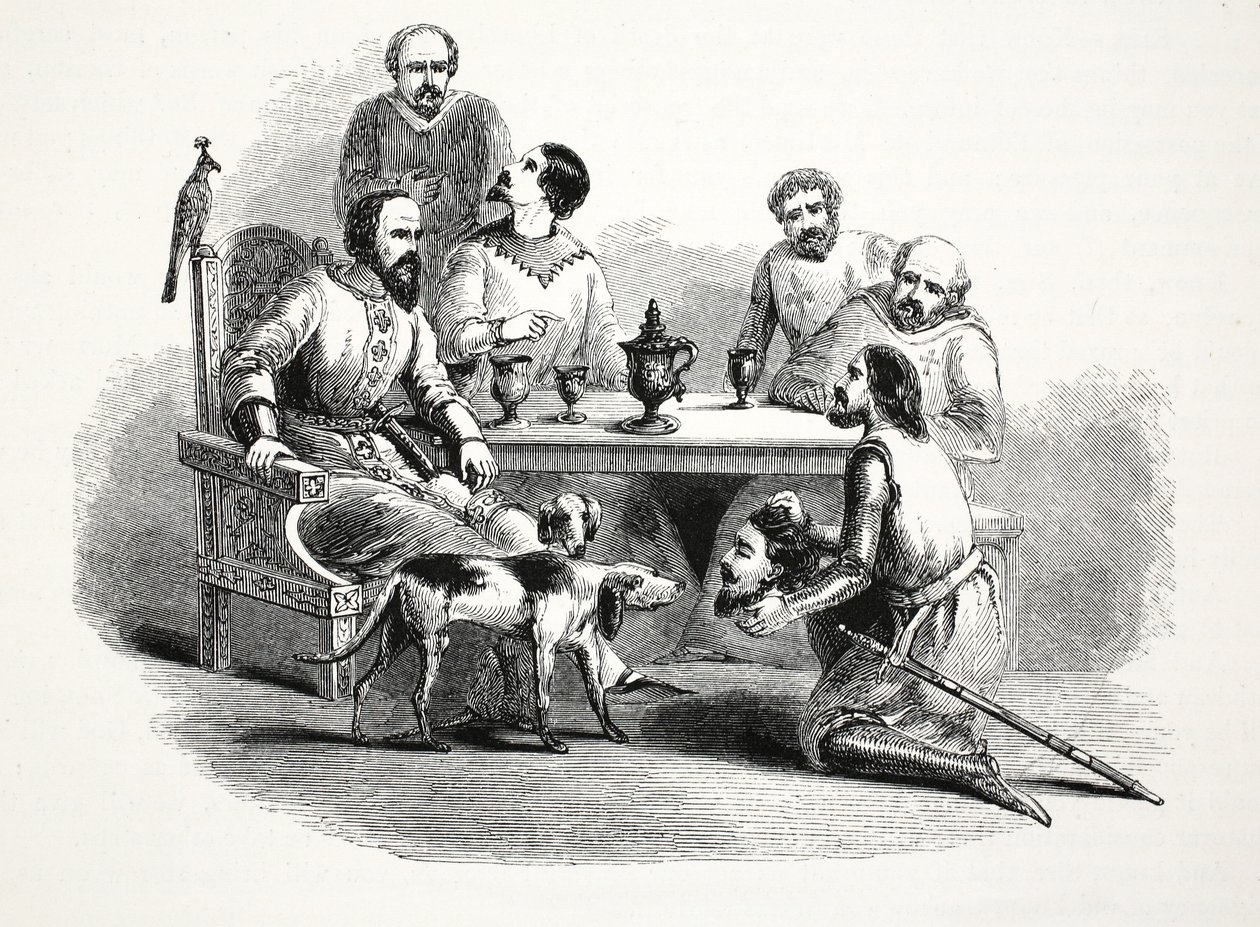Chefen för Llewelyn fördes till Edward på Conway Castle, pub. 1800-talet (stålgravyr) av English School