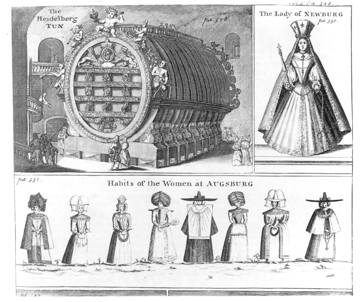 The Heidelberg Tun, The Lady of Newburg and Habits of the Women of Augsburg, från Missons Nouveau voyage dItalie publicerad i Navigantium atque Itinerantium Bibliotheca av Harris, reviderad upplaga, 174 av English School