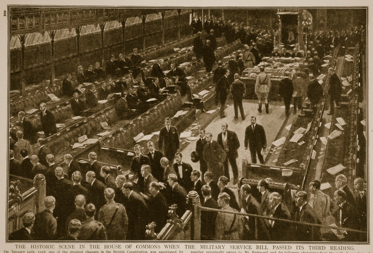 Den historiska scenen i underhuset när Military Service Bill antog sin tredje behandling, 1914-19 av English School