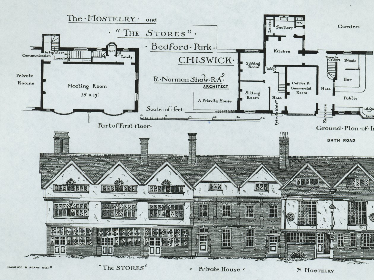 The Hostelry and The Stores, Bedford Park, Chiswick, från The Building News, 1877 av English School