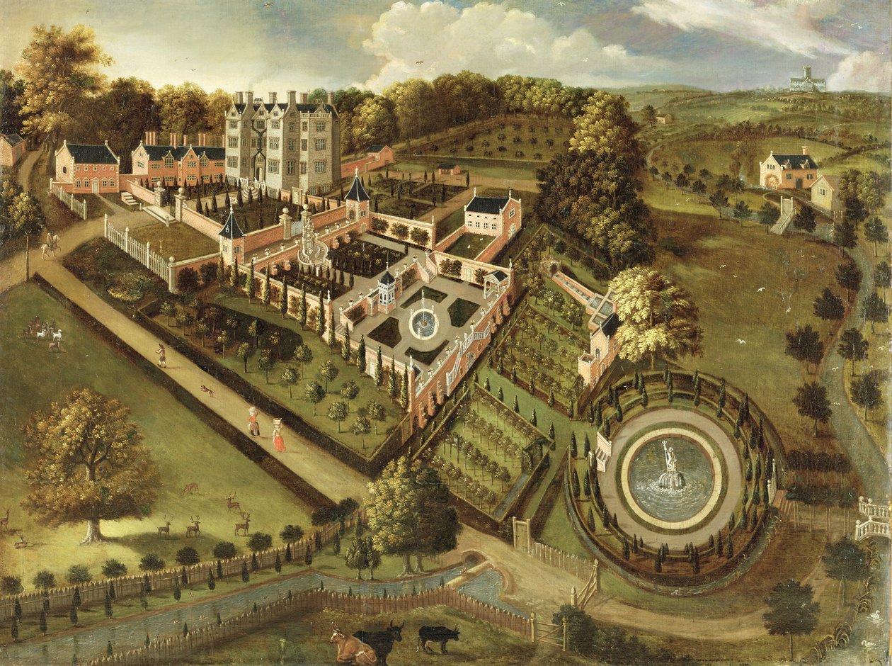 Huset och trädgården i Llanerch Hall, Denbighshire, c.1662-72 av English School