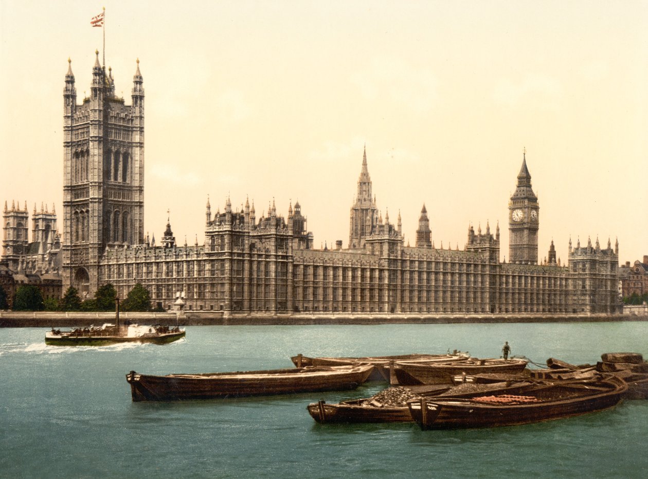 The Houses of Parliament, London (handfärgat foto) av English School