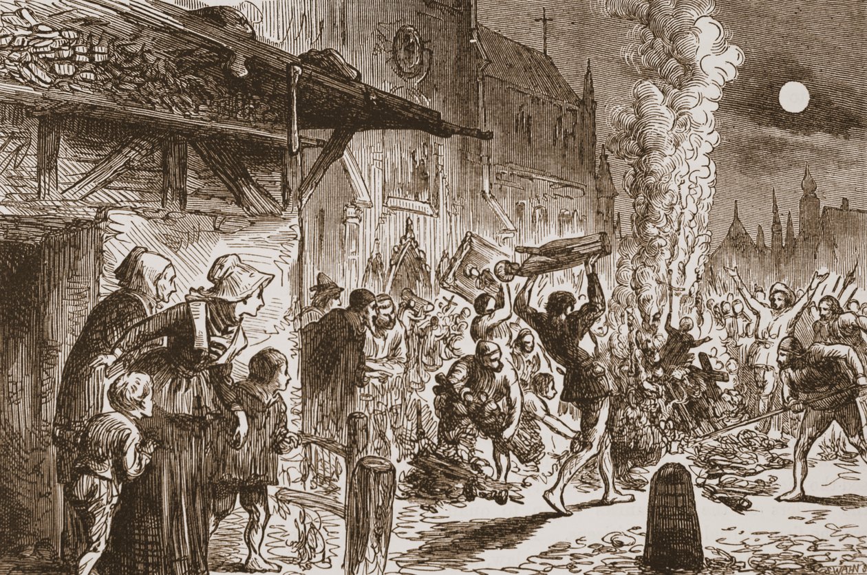 Ikonoklasterna i Basel bränner bilder och idoler, illustration från The History of Protestantism av James Aitken Wylie (1808-1890), pub. 1878 av English School