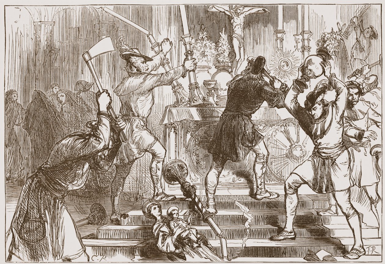 Ikonoklasterna förstör bilderna och altardekorationerna av en romersk-katolsk kyrka, illustration från "The History of Protestantism" av James Aitken Wylie (1808-1890), pub. 1878 (gravyr) av English School