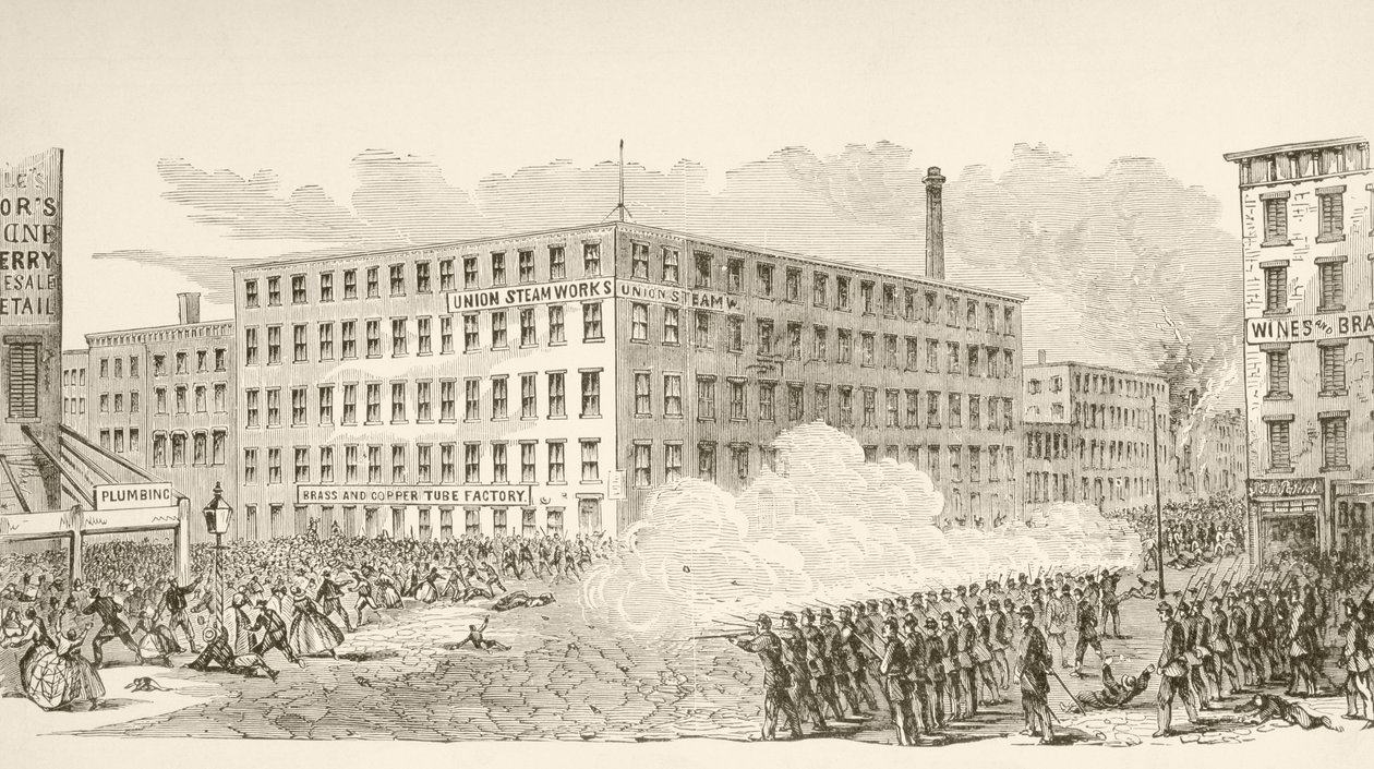 Incidenten på Second Avenue under New York Draft Riots i juli 1863 (litho) av English School